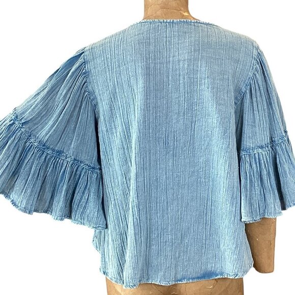 Rachel Zoe BOHO Cropped Relaxed Top Gauze Embroidered Sz S Blue #306F - Picture 5 of 7